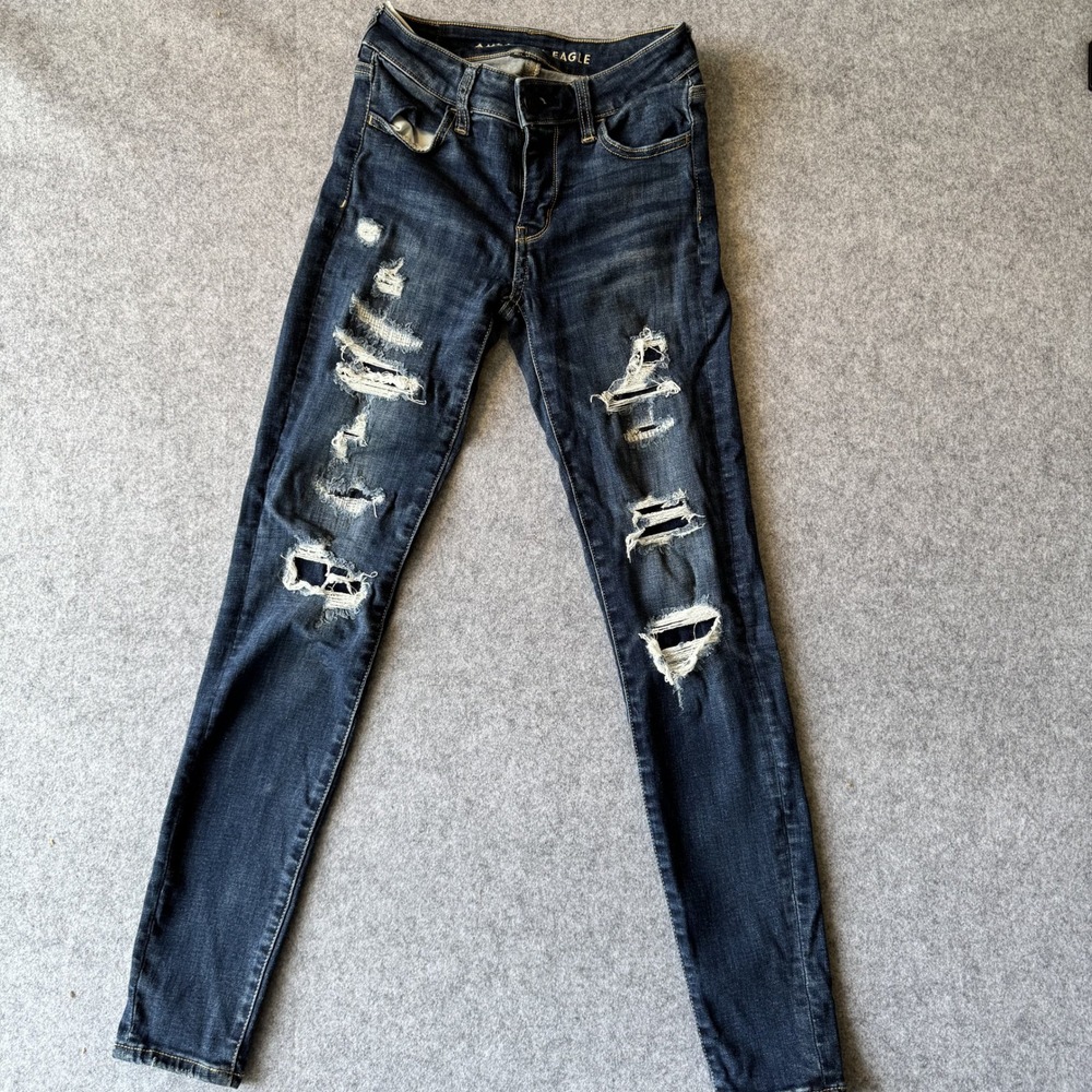 American Eagle Next Level Stretch Skinny Jeans 0 Dark Wash Distressed Denim